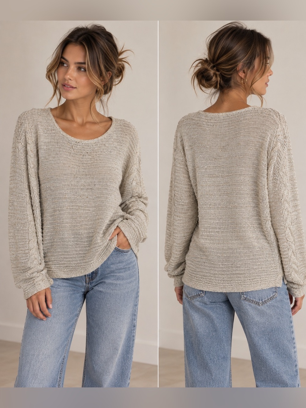 Chico's Metallic Knit Pullover Sweater Beige/Tan Size M